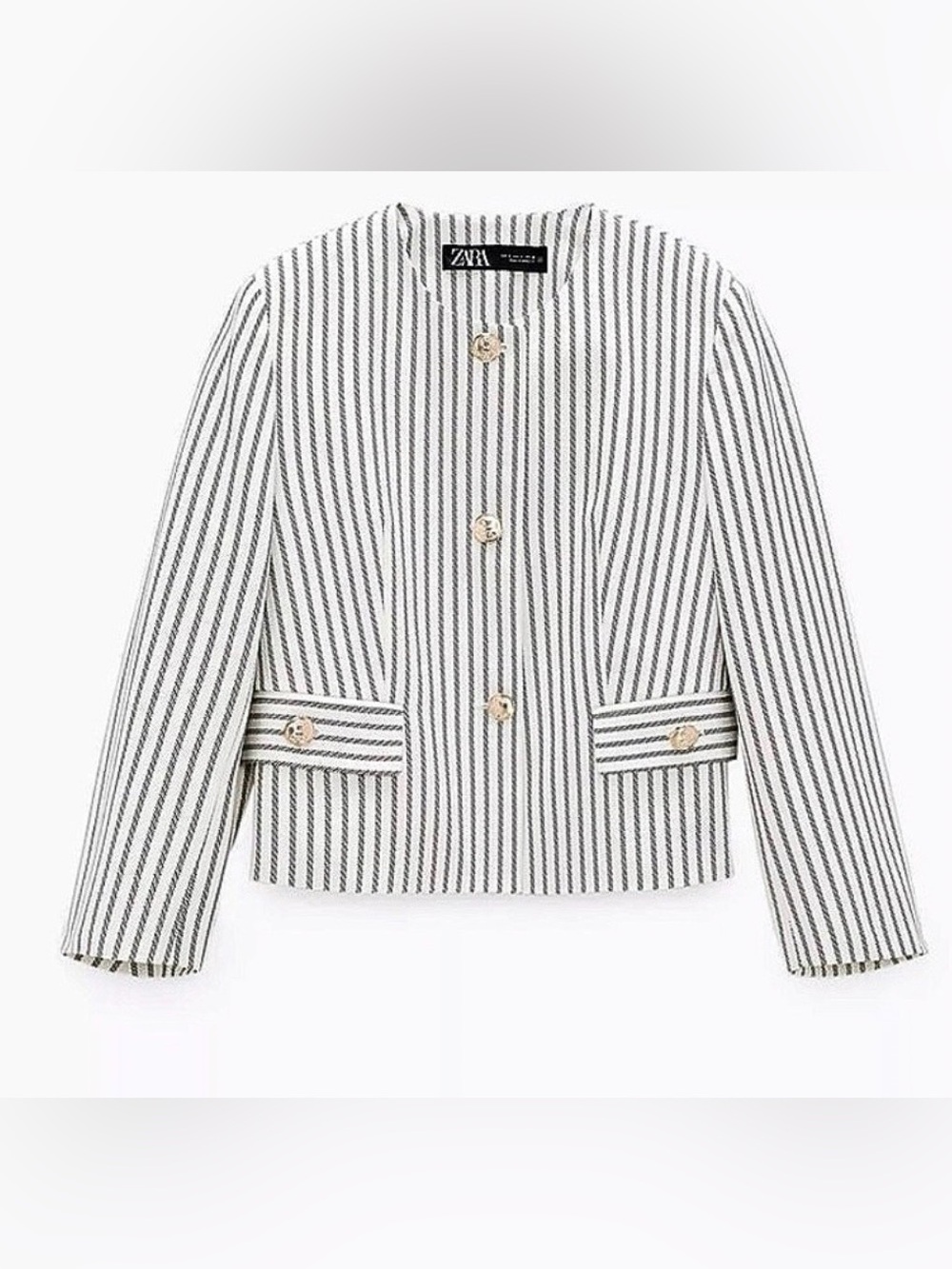Zara White and Black Striped Cropped Blazer with Gold Buttons